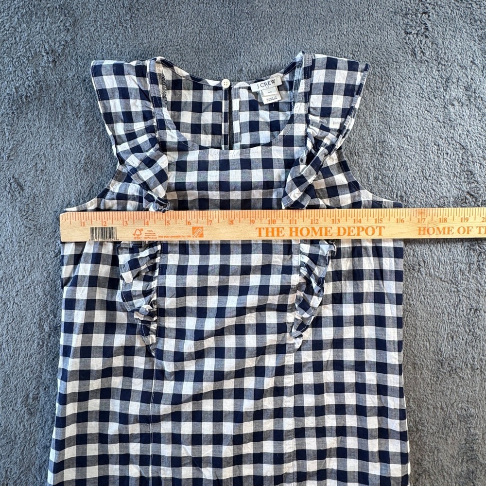 Gingham J. Crew Womens Navy Blue White Ruffle Sleeveless Cotton Top Size 00 - Picture 3 of 6